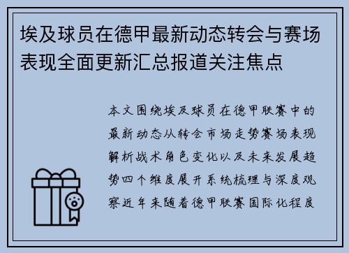 埃及球员在德甲最新动态转会与赛场表现全面更新汇总报道关注焦点